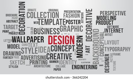 DESIGN word cloud. Gray tag cloud. Vector graphics illustration.