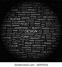 DESIGN. Word collage on black background. Illustration with different association terms.