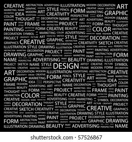 DESIGN. Word Collage On Black Background. Illustration With Different Association Terms.