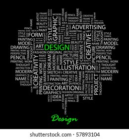 DESIGN. Word Collage On Black Background. Illustration With Different Association Terms.