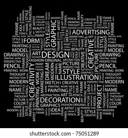 DESIGN. Word Collage On Black Background. Vector Illustration. Illustration With Different Association Terms.