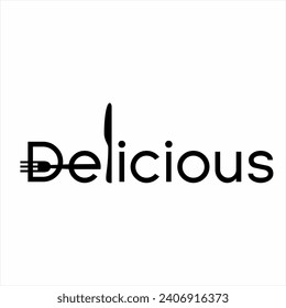 Design of the word "Delicious" with an illustration of a fork on the letter E and a knife on the letter L.