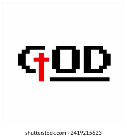 Design of word " GOD" with cross on letter G in pixel style.