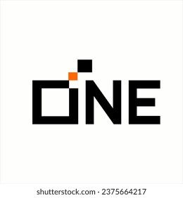 Design of the word one with the number 1 in the negative space between the letters O and N in pixel art style.