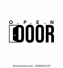 Design of the word "Open door" with an illustration of a door on the letter D.