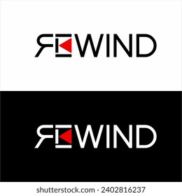 Design of the word "Rewind" with its symbol on the letters R and E.