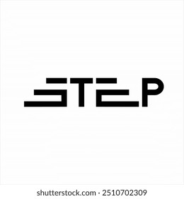 Projete a palavra "Step" com ilustrações de escadas subindo e descendo nas letras S e E.