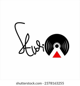 Design of the word "Studio" with an illustration of a music disc and a play symbol on the letter O.