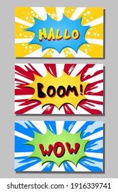 Design the word wow, hello, boom. Expressions for comic illustrations, posters, templates. Vector illustration