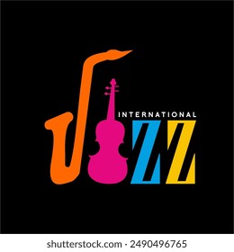 El diseño de las palabras "Jazz internacional" es único con una ilustración de un saxofón en la letra J y un violín en la letra A.