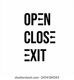 Design of the words open, close, exit with an illustration of a door knob on the letter E.