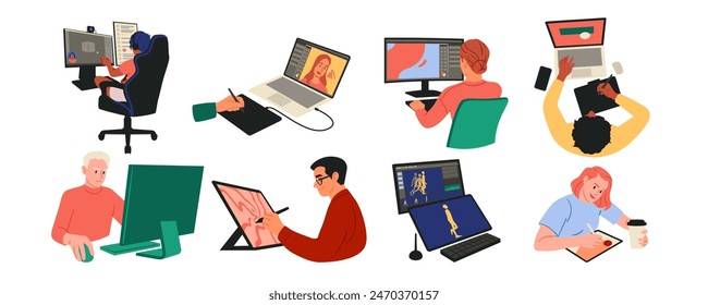 Design work. Web art. Creative artist. Modern freelancer. Creator job. Digital drawing. Computer painting technology. People at laptop desks. Programming UX UI. App development. Vector designers set