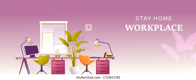 Design workplace at home, office for remote work, horizontal banner, vector illustration, desktop near the window
