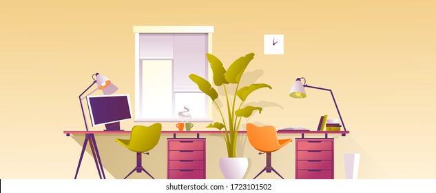 Design workplace at home, office for remote work, horizontal banner, vector illustration, desktop near the window