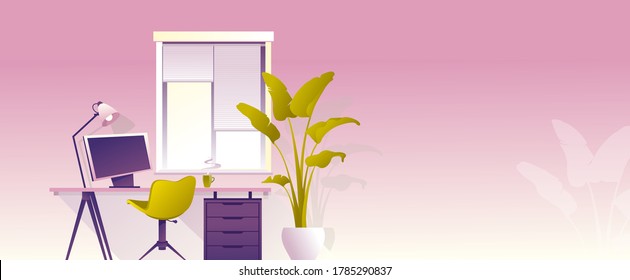 Design workplace at home, office for remote work, horizontal banner, vector illustration, desktop near the window