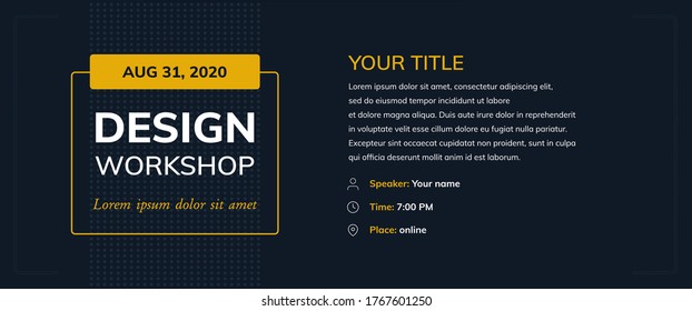 Design workshop with icons on dark background. Creative poster vector template e-mail, party, workshop, event, webinar, conference