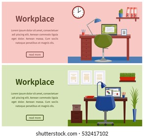 Design workspace or home workplace. Horizontal banners of business theme. Office interior in flat style with furniture and equipment. Vector.