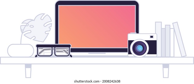 Design workspace, office work concept, office workspace, business, startup, illustration laptop, glasses and camera