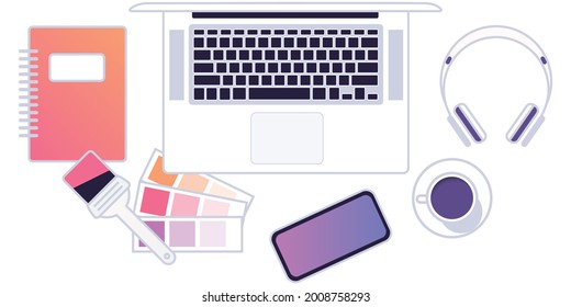 Design workspace, office work concept, office workspace, business, startup, illustration with computer laptop coffee cup