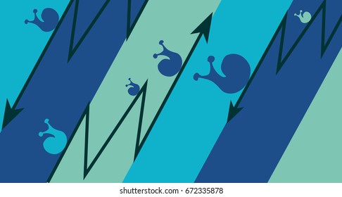 Design work.Three colors, blue, turquoise, dark blue, snails creeping along the arrow, up and down. Timetable.