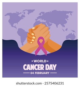 Design for World Cancer Day featuring a handshake with a pink awareness ribbon symbol, global unity, and solidarity. Flat vector modern illustration 