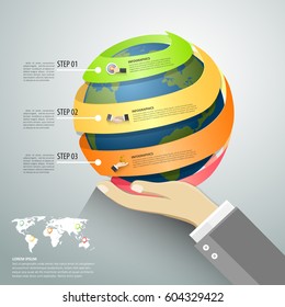 Design world infographic template 3 options. can be used for workflow layout, diagram, number options, timeline and steps