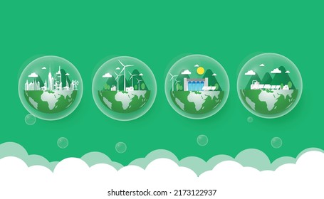 Design for world invironment banner, with city and garden, save the planet and energy concept, paper illustration, and 3d paper.Earth Green City World Environment Day Ecology Protection