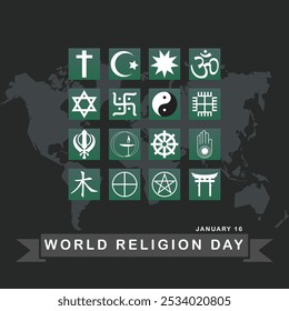 El diseño para el Día Mundial de la Religión consiste en varias creencias, incluyendo el Islam, el cristianismo, el hinduismo, el budismo, el confucianismo y otros.