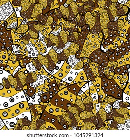 Design wrapping and gift paper, greeting cards, banner and posters design. Fashionable fabric pattern. Seamless pattern Print. Vector. Doodles black, yellow and brown on colors.