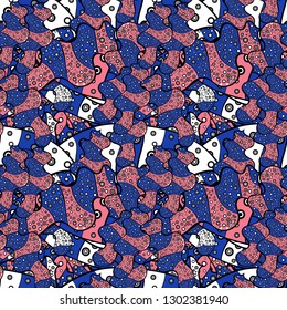 Design wrapping and gift paper, greeting cards, banner and posters design. Watercolor, hand drawn. Background. Vector illustration. Doodles on blue, black and pink colors. - stock.