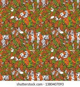 Design wrapping and gift paper, greeting cards, banner and posters design. Vector. Print. Doodles orange, black and green on colors. Fashionable fabric pattern.