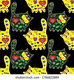 Design wrapping and gift paper, greeting cards, banner and posters design. Watercolor, hand drawn. Seamless pattern background. - stock. Vector design. Doodles kitty on blue, black and yellow colors.