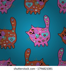 Design wrapping and gift paper, greeting cards, banner and posters design. Seamless pattern Abstract cute background. Doodles pattern. Blue, pink and orange on colors. Vector illustration.