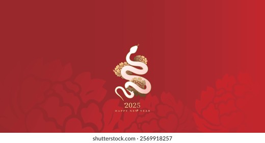 Design for the Year of the Snake in the Chinese New Year, luxurious snake pattern and peonies on a red background. Lunar New Year 2025.