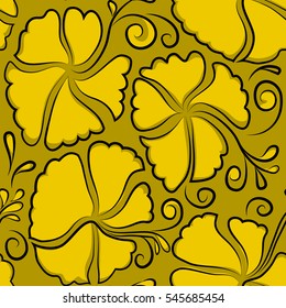 Design in yellow colors for invitation, wedding or greeting cards, textile, prints or fabric. Floral seamless pattern hibiscus flowers. Vector hibiscus floral pattern. Watercolor hand drawing style.