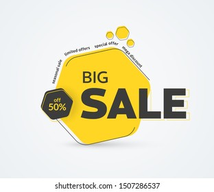 Design of yellow hexagonal vector sticker with black stroke for big sale. Template tag, banner for discounts 50 percent.