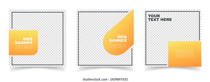 Design Yellow square banners for social media with place for photo. Square templates for publications and advertising.