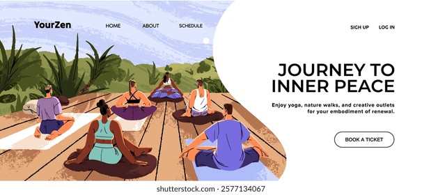 Design of yoga lessons web banner. Layout of meditation school with group practice outdoors. Template of website with people are in mental retreat in zen poses, asanas. Flat vector illustration