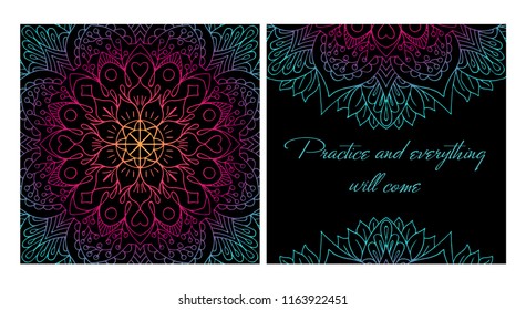 Design yoga mat. Elements of Mandala. Oriental pattern on black background