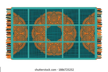 Design yoga mat with fringe. Mandala floral pattern in oriental style for decoration sport equipment. Decor of business card, poster, print in henna tattoo. Vector illustration.