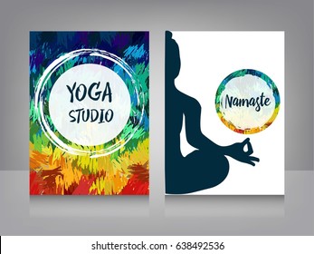 Design for yoga studio.
 background of hand-made work with the element "Ayurveda Yoga". Bright, colored texture. 
Meditation of a woman.