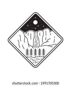 Design for Yosemite's waterfall National Park in line art style, badge design, T-shirt Art, Tee Design