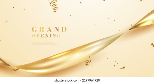 Design your opening card with gold ribbon with confetti. vector illustration business banner template