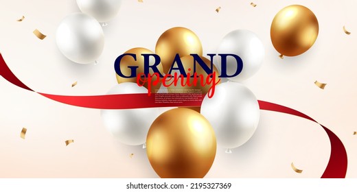 Design your opening card with golden gold balloons with ribbons and confetti. vector illustration business banner template