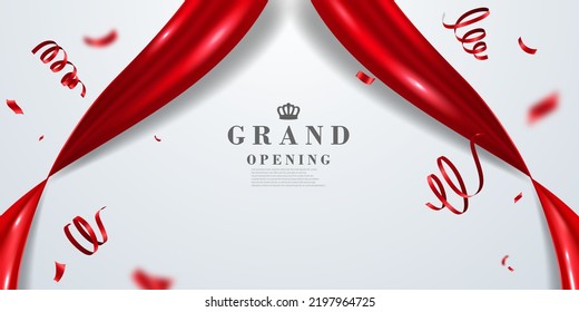 Diseñe su tarjeta de apertura con cinta roja y confeti. plantilla de banner empresarial de ilustración vectorial
