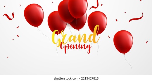 Design your opening card with red balloons with confetti. vector illustration business banner template