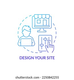 Diseñar el icono de concepto de degradado azul del sitio. Desarrollar y personalizar el sitio web. Comenzando la tienda en línea con una idea abstracta de la ilustración de la línea delgada. Dibujo de contorno aislado. Se usa una fuente Myriad Pro-Bold