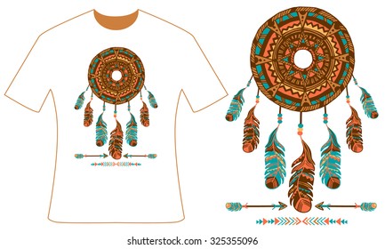 Design for your t-shirt. Dreamcatcher, feathers and arrows. Style boho. Hand drawn vector illustration.