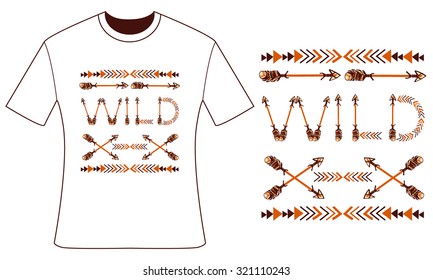 Design for your t-shirt. Feathers and arrows.  Style boho. Hand drawn vector illustration.