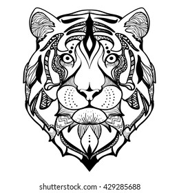 Design for your T-shirt Pattern for coloring book. Hand drawn line art of Tiger.  For tattoo art, coloring books set. Tattoo Ethnic Zentangle Doodles style.